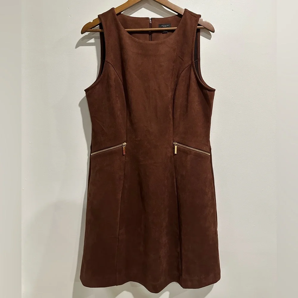 ANN TAYLOR FACTORY Faux Suede Brown Preppy Sleeveless Mini Flare Dress Size 14 - Picture 2 of 5